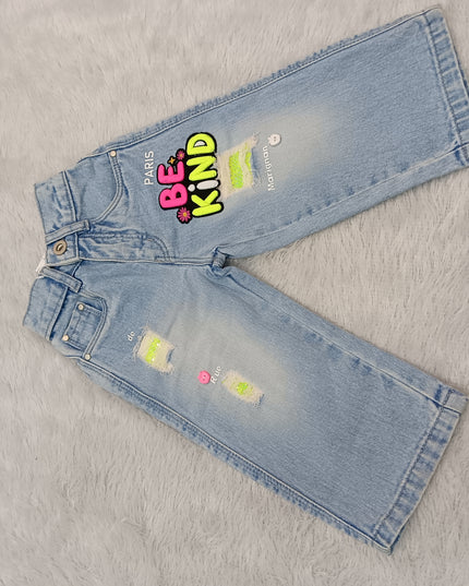 GIRLS JEANS CODE-A366 Girls Light Blue Wide Leg Denim Jeans with Be Kind Patch