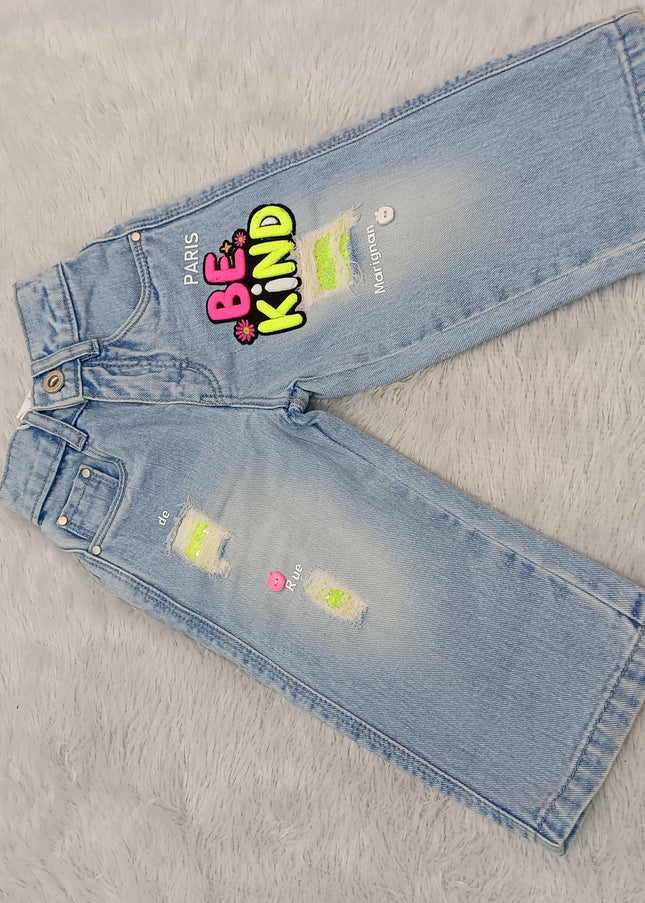 GIRLS JEANS CODE-A366 Girls Light Blue Wide Leg Denim Jeans with Be Kind Patch