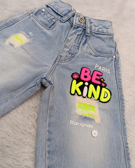 GIRLS JEANS CODE-A366 Girls Light Blue Wide Leg Denim Jeans with Be Kind Patch