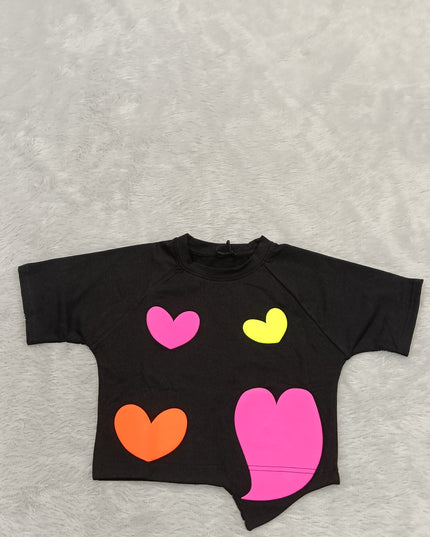 GIRLS TOPS CODE-A354 Girls Black Heart Print Cotton T-Shirt | Stylish Casual Top for Kids