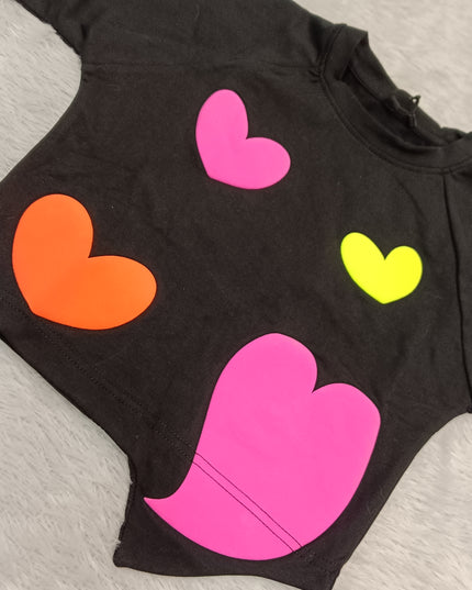 GIRLS TOPS CODE-A354 Girls Black Heart Print Cotton T-Shirt | Stylish Casual Top for Kids