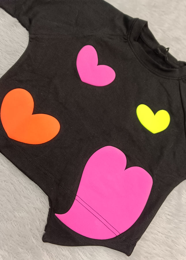 GIRLS TOPS CODE-A354 Girls Black Heart Print Cotton T-Shirt | Stylish Casual Top for Kids