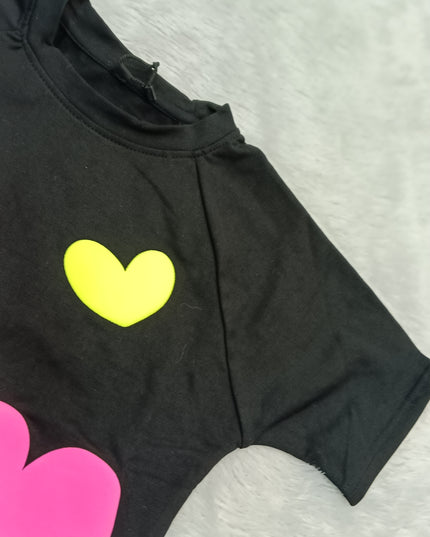 GIRLS TOPS CODE-A354 Girls Black Heart Print Cotton T-Shirt | Stylish Casual Top for Kids