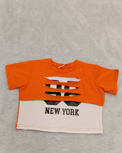 GIRLS TOPS CODE-A353 Girls Orange Graphic Printed Cotton Crop Top | Half Sleeve Casual T-Shirt