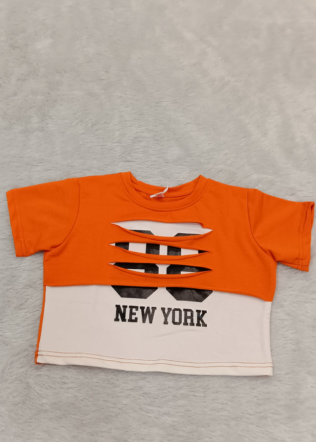 GIRLS TOPS CODE-A353 Girls Orange Graphic Printed Cotton Crop Top | Half Sleeve Casual T-Shirt