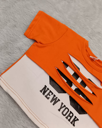 GIRLS TOPS CODE-A353 Girls Orange Graphic Printed Cotton Crop Top | Half Sleeve Casual T-Shirt
