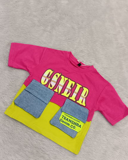 GIRLS TOPS CODE-A352 Girls Trendy Graphic Denim Pocket Crop Top – Stylish Casual T-Shirt