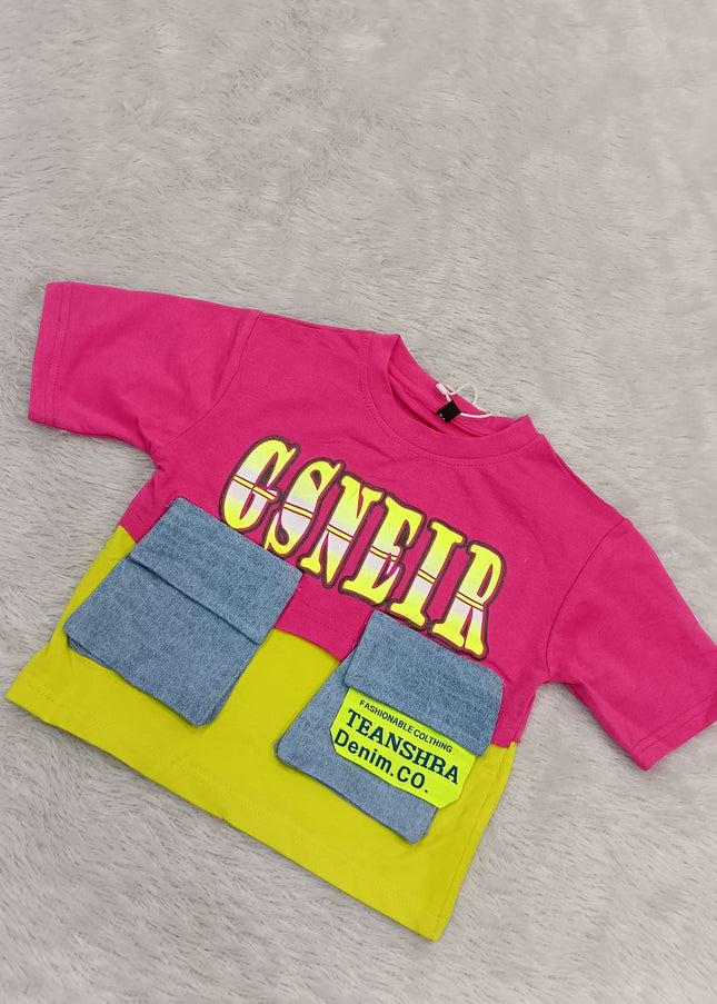 GIRLS TOPS CODE-A352 Girls Trendy Graphic Denim Pocket Crop Top – Stylish Casual T-Shirt