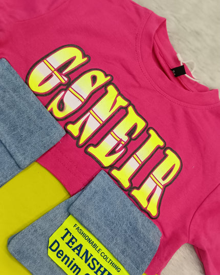 GIRLS TOPS CODE-A352 Girls Trendy Graphic Denim Pocket Crop Top – Stylish Casual T-Shirt