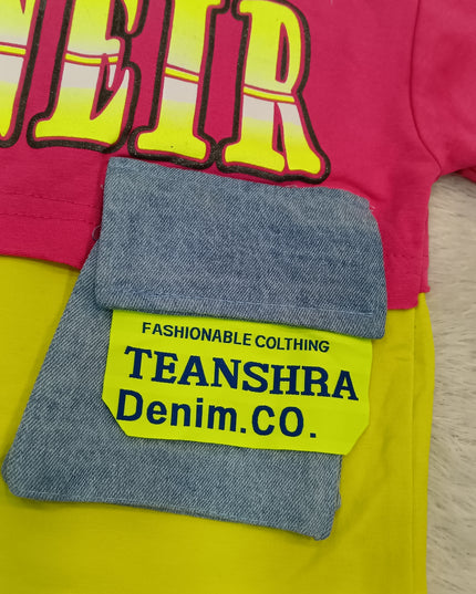 GIRLS TOPS CODE-A352 Girls Trendy Graphic Denim Pocket Crop Top – Stylish Casual T-Shirt