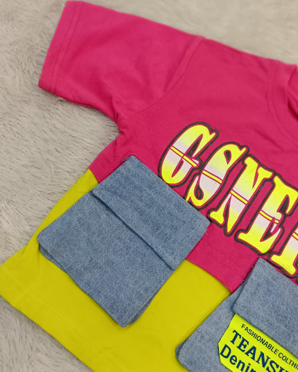 GIRLS TOPS CODE-A352 Girls Trendy Graphic Denim Pocket Crop Top – Stylish Casual T-Shirt