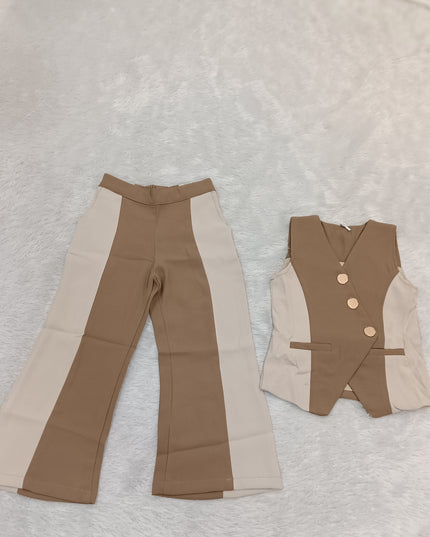 GIRLS CODINATE CODE-A360Girls Beige & Brown Stylish Co-Ord Set with Waistcoat & Flared Pants