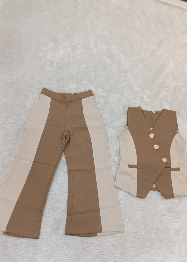 GIRLS CODINATE CODE-A360Girls Beige & Brown Stylish Co-Ord Set with Waistcoat & Flared Pants