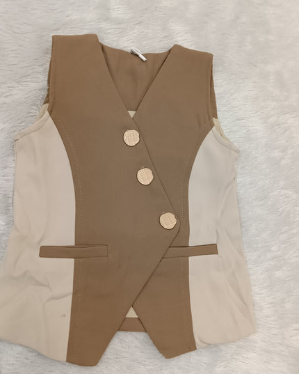 GIRLS CODINATE CODE-A360Girls Beige & Brown Stylish Co-Ord Set with Waistcoat & Flared Pants