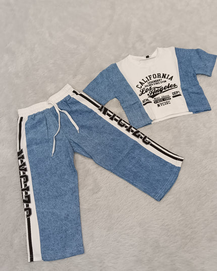 GIRLS CODINATE CODE-A363 Girls Blue Printed Crop Top & Wide Leg Pant Co-Ord Set