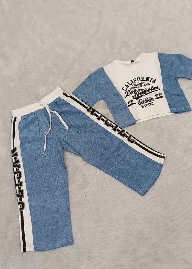 GIRLS CODINATE CODE-A363 Girls Blue Printed Crop Top & Wide Leg Pant Co-Ord Set
