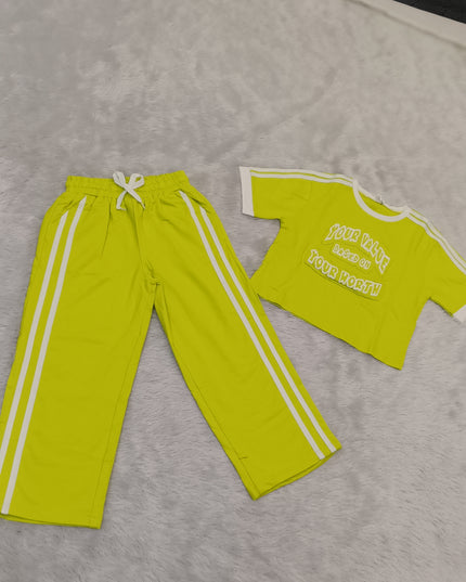GIRLS CODINATE CODE-A362 Girls Lime Green Co-Ord Set | Stylish T-Shirt & Wide-Leg Pants Set