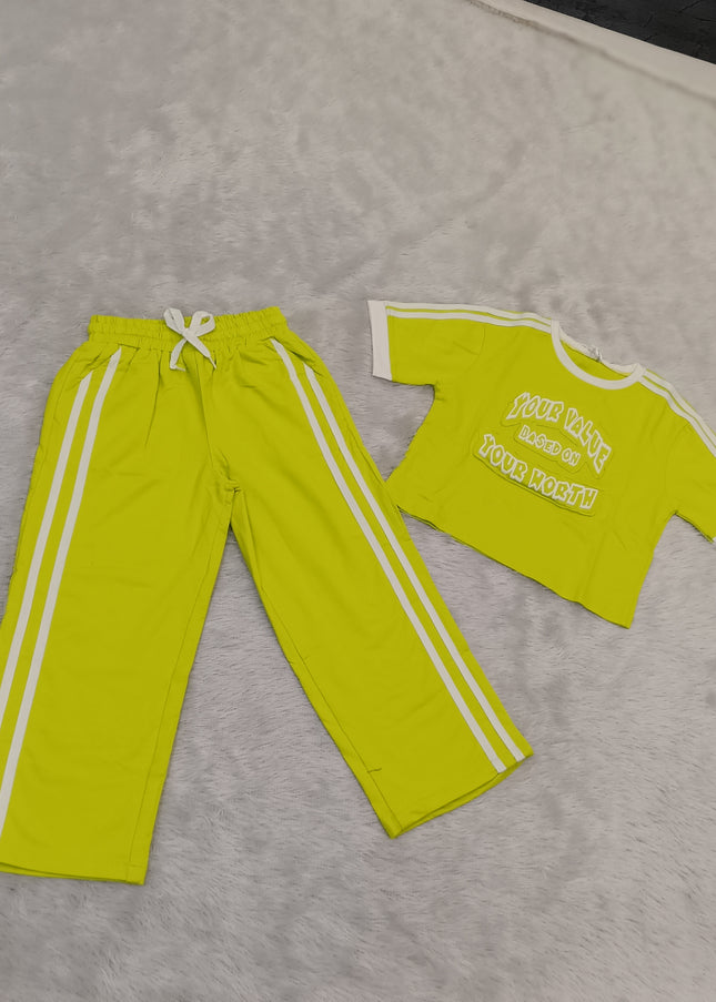 GIRLS CODINATE CODE-A362 Girls Lime Green Co-Ord Set | Stylish T-Shirt & Wide-Leg Pants Set