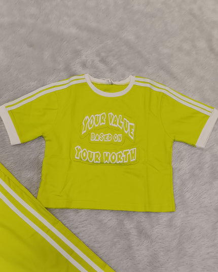 GIRLS CODINATE CODE-A362 Girls Lime Green Co-Ord Set | Stylish T-Shirt & Wide-Leg Pants Set