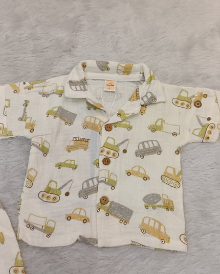 BOYS SET CODE-A322 Boys Cotton Printed Shirt & Shorts Set – Construction Vehicle Print Outfit