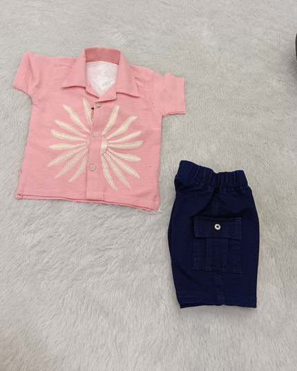 BOYS SET CODE-A400 Baby Boys Pink Printed Shirt & Navy Blue Cargo Shorts Set
