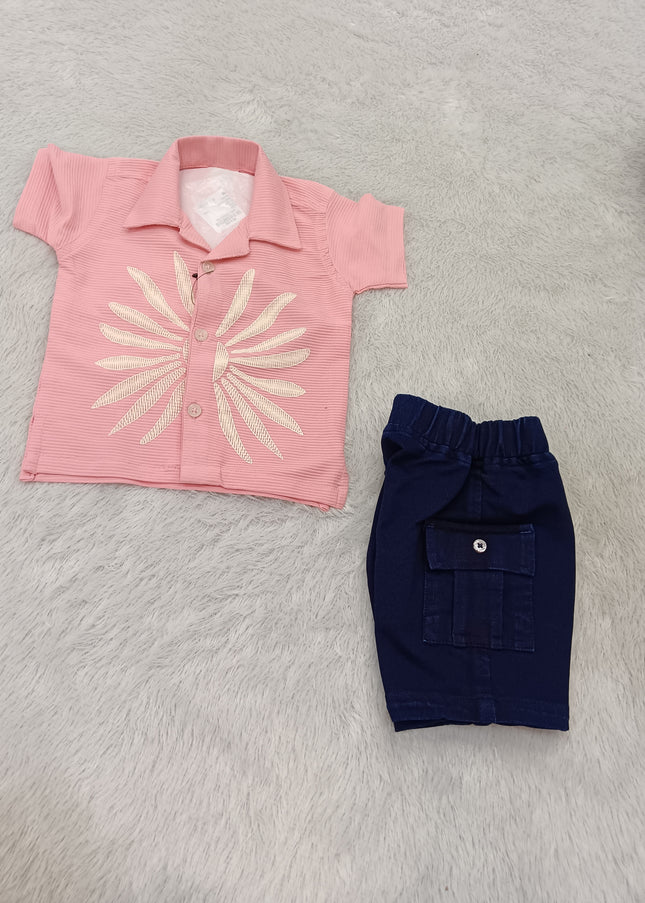 BOYS SET CODE-A400 Baby Boys Pink Printed Shirt & Navy Blue Cargo Shorts Set