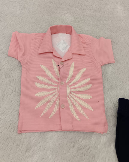 BOYS SET CODE-A400 Baby Boys Pink Printed Shirt & Navy Blue Cargo Shorts Set