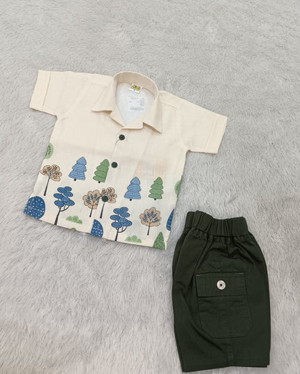 BOYS SET CODE-A401 Baby Boy Cream Printed Shirt & Olive Green Shorts Set | He And She Kidswear