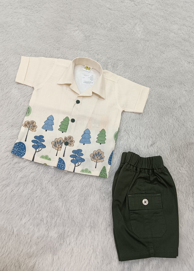 BOYS SET CODE-A401 Baby Boy Cream Printed Shirt & Olive Green Shorts Set | He And She Kidswear
