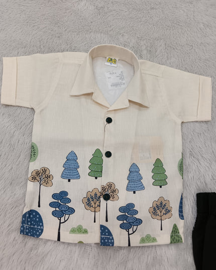 BOYS SET CODE-A401 Baby Boy Cream Printed Shirt & Olive Green Shorts Set | He And She Kidswear