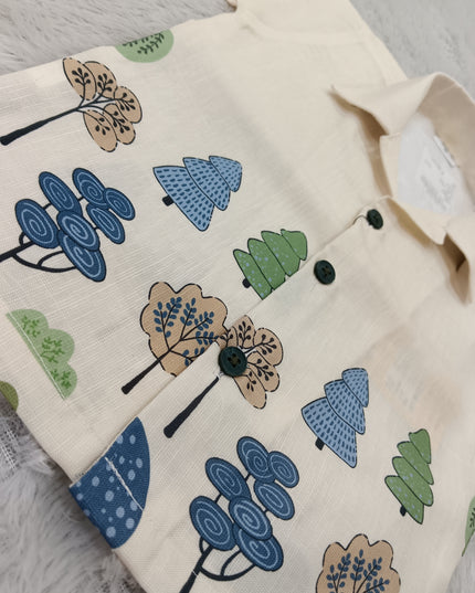 BOYS SET CODE-A401 Baby Boy Cream Printed Shirt & Olive Green Shorts Set | He And She Kidswear