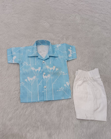 BOYS SET CODE-A398 Boys Light Blue Floral Print Shirt & White Shorts Set