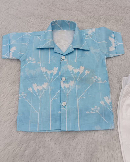BOYS SET CODE-A398 Boys Light Blue Floral Print Shirt & White Shorts Set