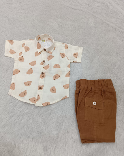 BOYS SET CODE-A399 Baby Boy Bear Print Shirt & Shorts Set | Cotton Casual Outfit
