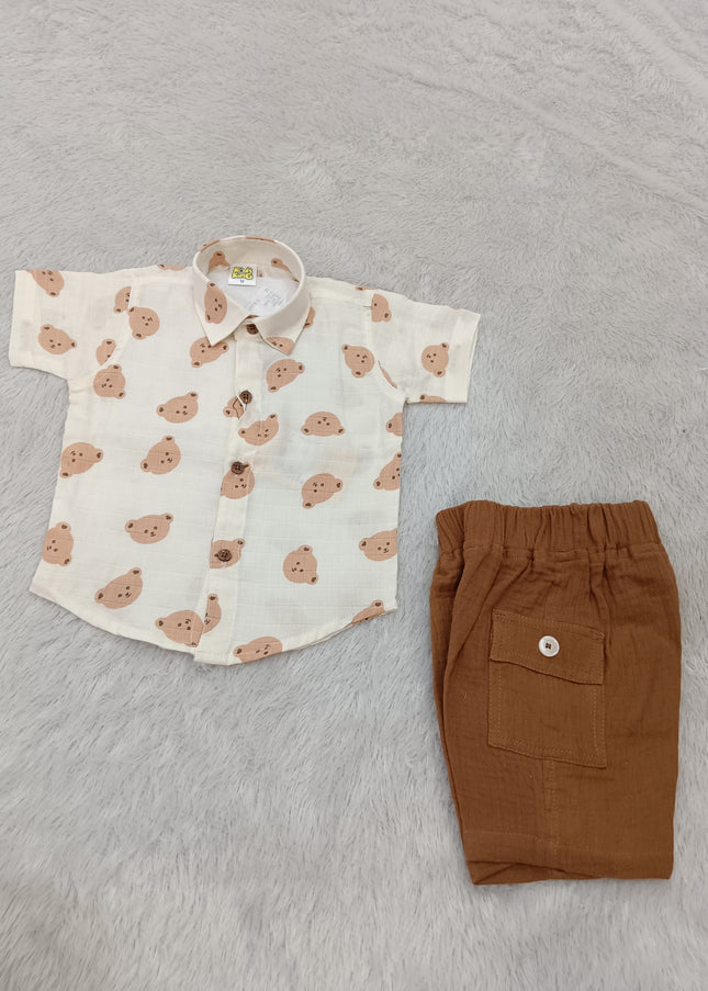 BOYS SET CODE-A399 Baby Boy Bear Print Shirt & Shorts Set | Cotton Casual Outfit