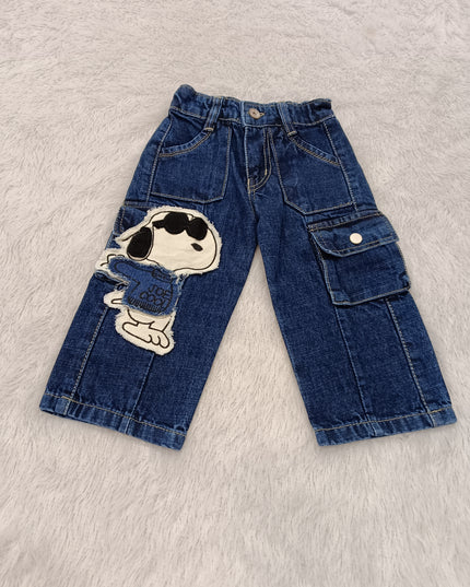 GIRLS JEANS CODE-A390 Girls Dark Blue Denim Cargo Jeans with Snoopy Print | Stylish Wide Leg Jeans