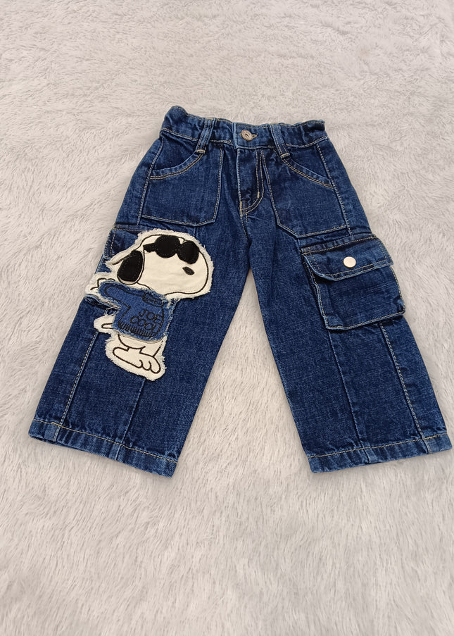 GIRLS JEANS CODE-A390 Girls Dark Blue Denim Cargo Jeans with Snoopy Print | Stylish Wide Leg Jeans