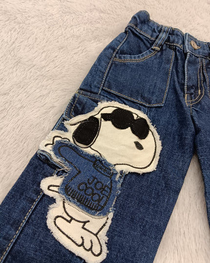 GIRLS JEANS CODE-A390 Girls Dark Blue Denim Cargo Jeans with Snoopy Print | Stylish Wide Leg Jeans
