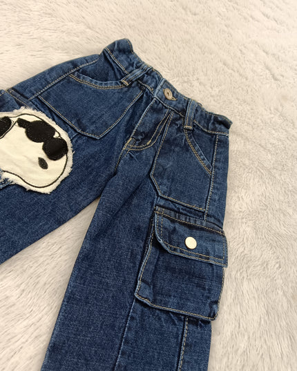 GIRLS JEANS CODE-A390 Girls Dark Blue Denim Cargo Jeans with Snoopy Print | Stylish Wide Leg Jeans