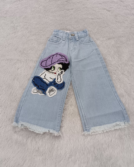 GIRLS JEANS CODE-A389 Girls Light Blue Wide Leg Denim Jeans with Cartoon Patch