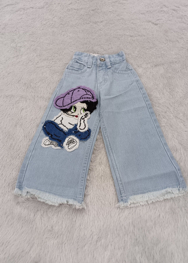 GIRLS JEANS CODE-A389 Girls Light Blue Wide Leg Denim Jeans with Cartoon Patch