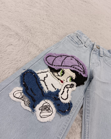 GIRLS JEANS CODE-A389 Girls Light Blue Wide Leg Denim Jeans with Cartoon Patch