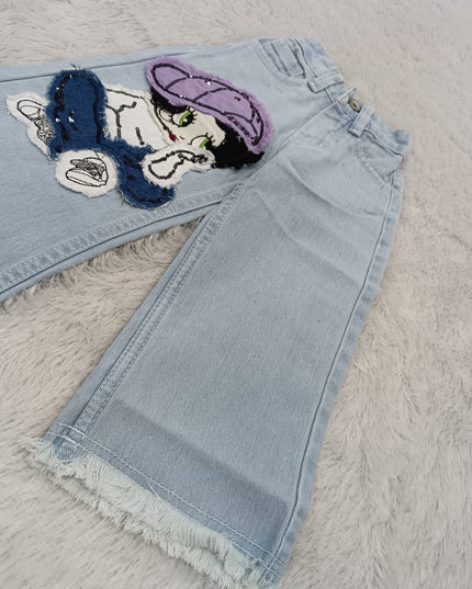 GIRLS JEANS CODE-A389 Girls Light Blue Wide Leg Denim Jeans with Cartoon Patch