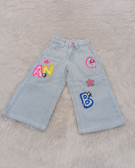GIRLS JEANS CODE-A391 Girls Light Blue Wide Leg Denim Jeans with Sequin Letter & Star Patches