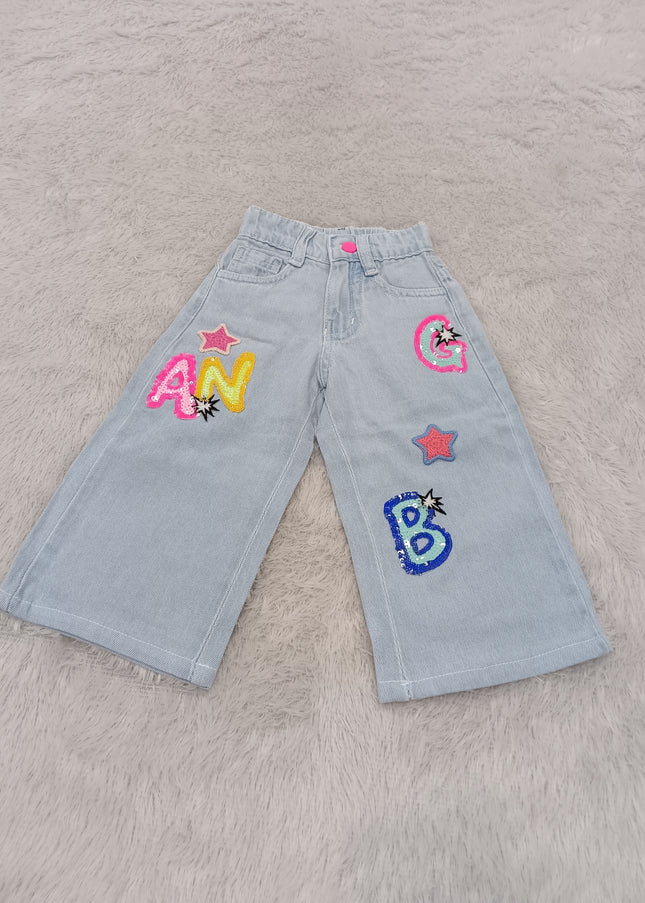GIRLS JEANS CODE-A391 Girls Light Blue Wide Leg Denim Jeans with Sequin Letter & Star Patches