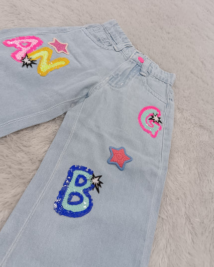 GIRLS JEANS CODE-A391 Girls Light Blue Wide Leg Denim Jeans with Sequin Letter & Star Patches