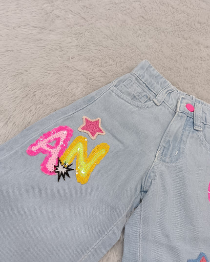GIRLS JEANS CODE-A391 Girls Light Blue Wide Leg Denim Jeans with Sequin Letter & Star Patches