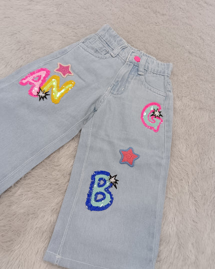 GIRLS JEANS CODE-A391 Girls Light Blue Wide Leg Denim Jeans with Sequin Letter & Star Patches
