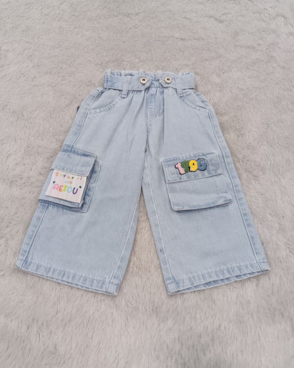 GIRLS JEANS CODE-A388 Girls Light Blue Wide Leg Cargo Jeans | Stylish Kids Denim Pants