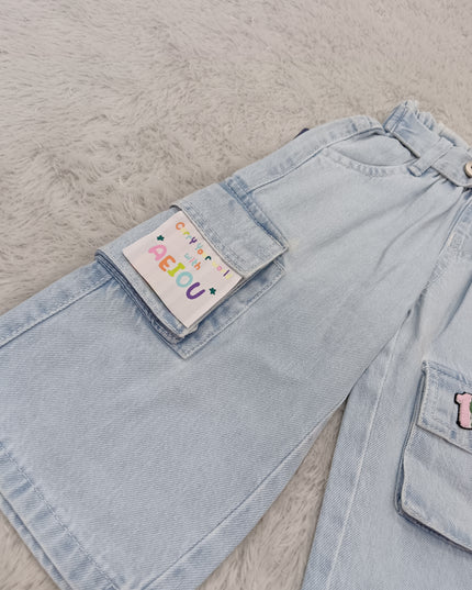GIRLS JEANS CODE-A388 Girls Light Blue Wide Leg Cargo Jeans | Stylish Kids Denim Pants